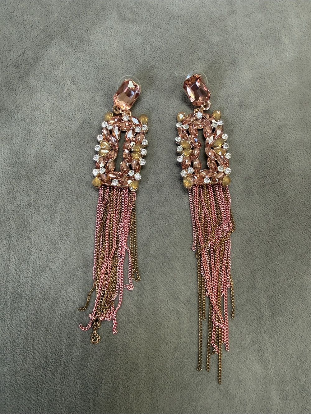 Rose Pink Crystal Tassel Drop Earrings with Gold Accents